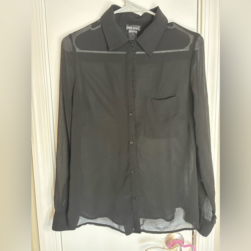 Sheer Black Collared Button Down Blouse